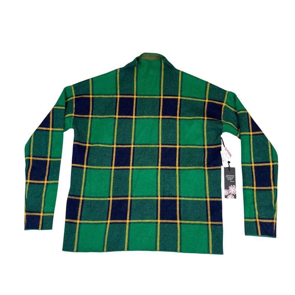 NWT Rachel Zoe Green Plaid Mock Neck Knit Sweater Navy Yellow AS22748 Large